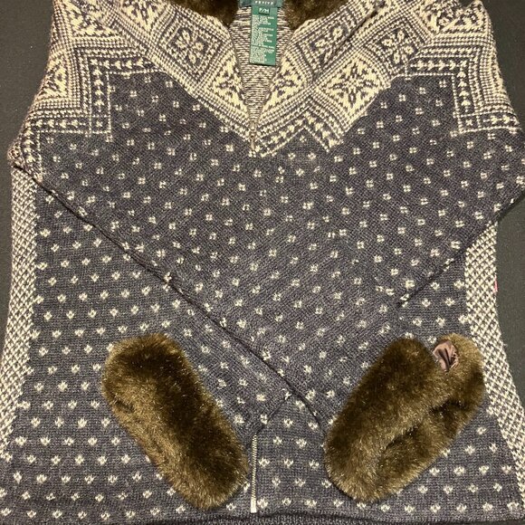 VTG Lauren Ralph Lauren Fair Isle Wool Full Zip Sweater Faux Fur Collar/Cuffs-PM - Picture 9 of 13